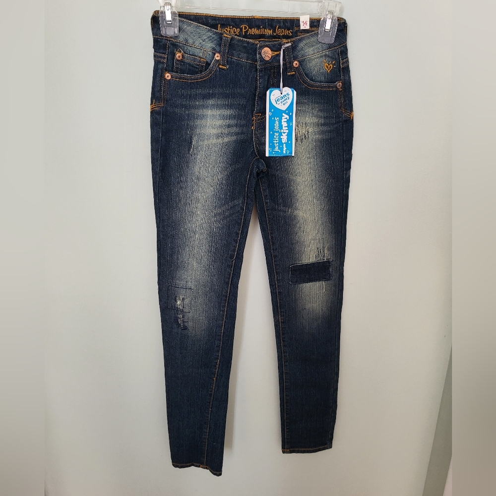 Justice Premier Jeans Girls 14 Slim 14S Dark Wash Super Skinny Denim Jeans Patch
